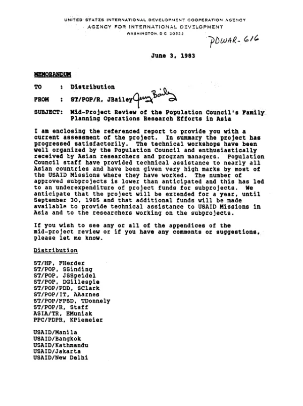 Mid-project review : family planning operations research in Asia