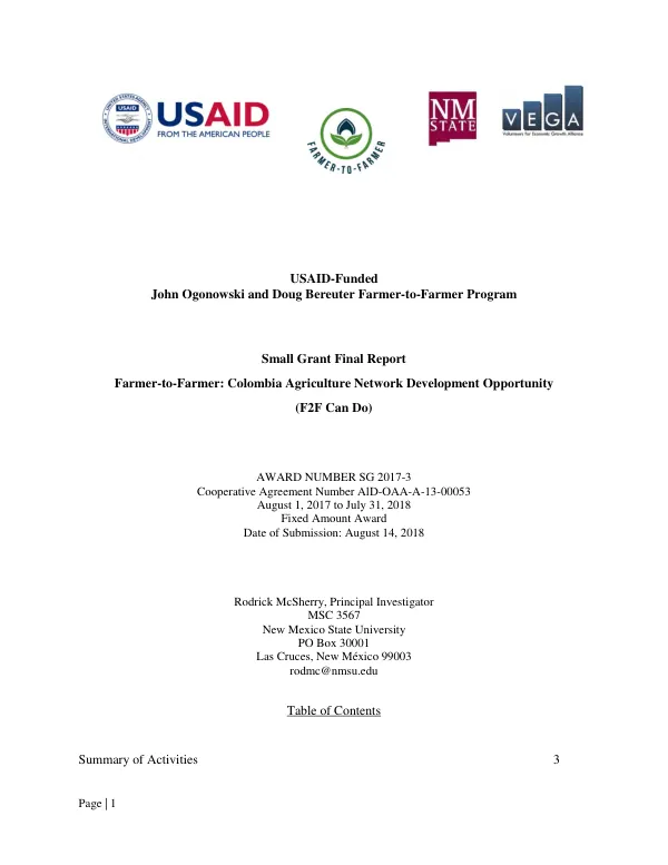 Small grant final report : farmer-to-farmer : Colombia agriculture network development opportunity (F2F Can Do)