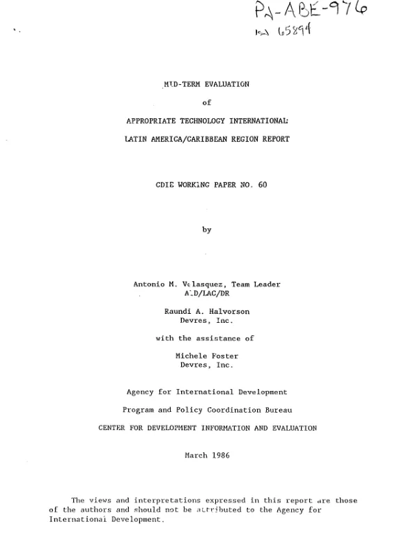 Mid-term evaluation of Appropriate Technology International : Latin America/Caribbean region report
