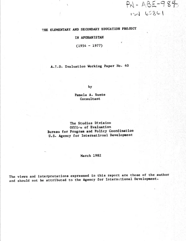 Elementary and secondary education project in Afghanistan (1954-1977)