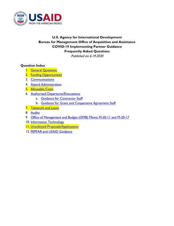 U.S. Agency for International Development, Bureau for Management, Office of Acquisition and Assistance COVID-19 implementing partner guidance frequently asked questions