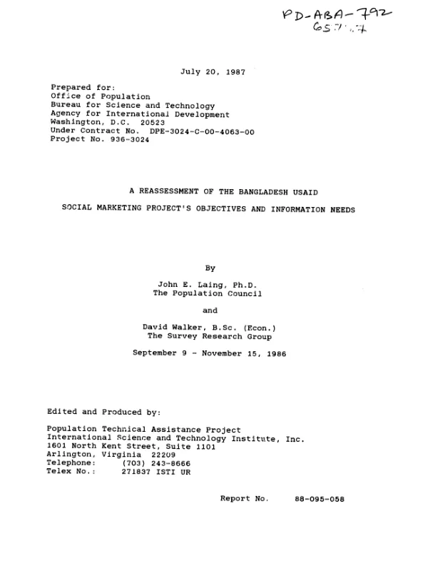 Reassessment of the Bangladesh USAID social marketing project's objectives and information needs