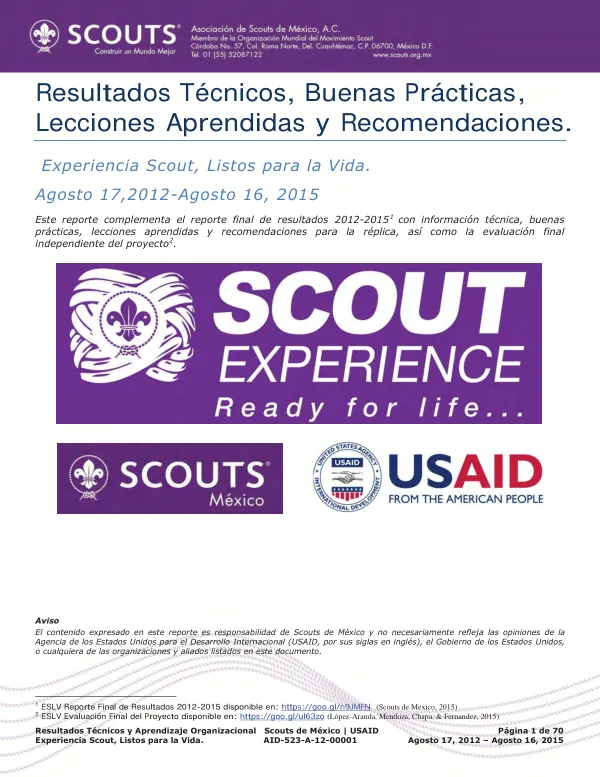 Resultados tecnicos, buenas practicas, lecciones aprendidas y recomendaciones : experiencia scout, listos para la vida