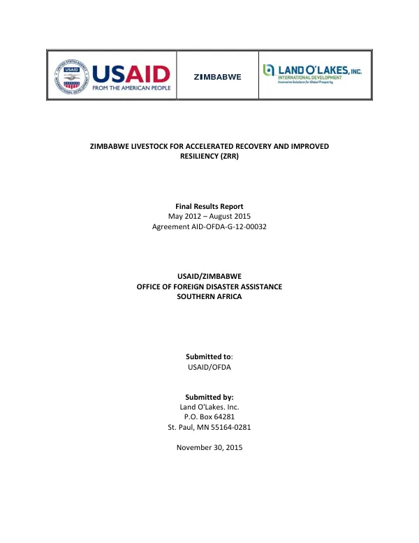 Zimbabwe livestock for accelerated recovery and improved resiliency (ZRR) : final results report : May 2012-August 2015