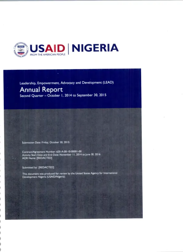 Leadership, empowerment, advocacy and development (LEAD) annual report, second quarter - October 1, 2014 to September 30, 2015