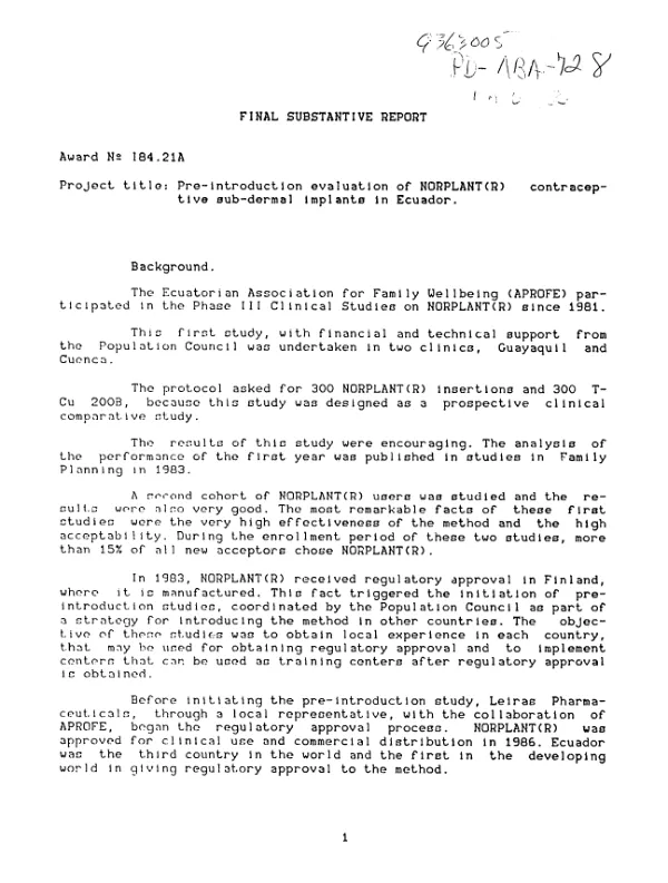 Final substantive report : award no. 184.21A -- pre-introduction evaluation of NORPLANT(R) contraceptive sub-dermal implants in Ecuador