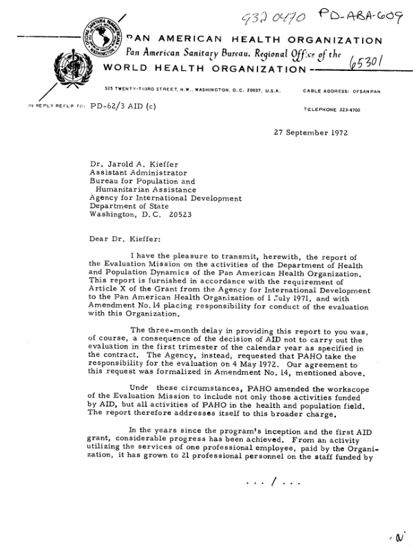 Evaluation report of the Department of Health and Population Dynamics, Pan American Health Organization, 1972