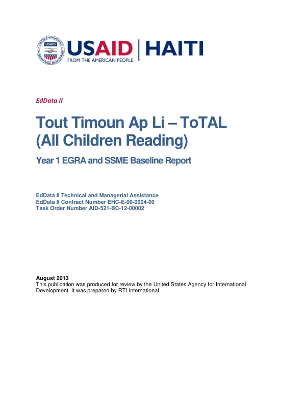 Tout timoun ap li-ToTAL (All Children Reading) year 1 EGRA and SSME baseline report