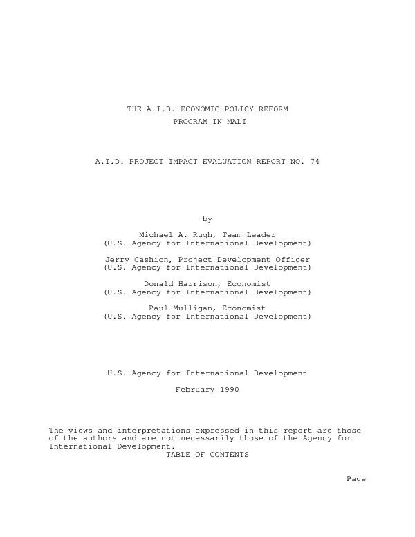 AID economic policy reform program in Mali