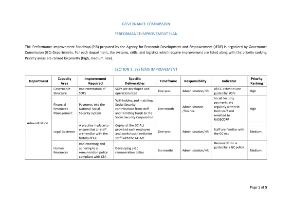 Governance commission : performance improvement plan
