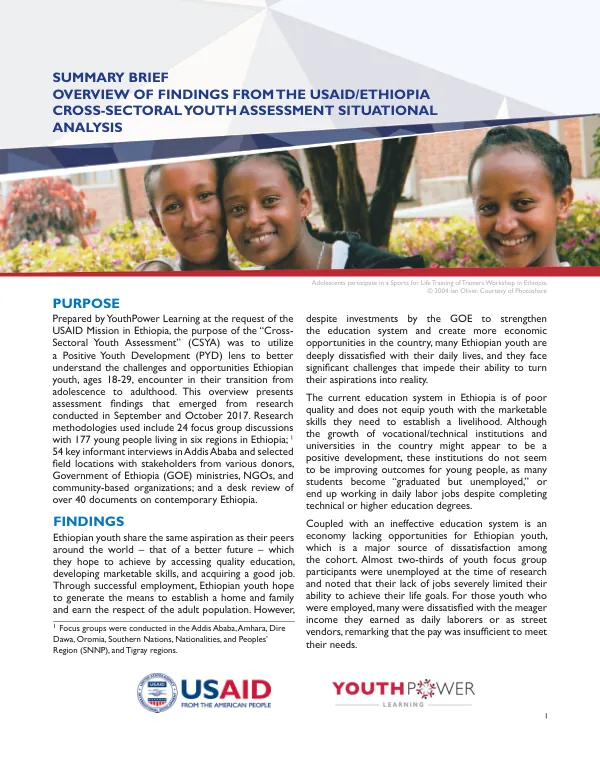 Summary brief overview of findings from the USAID/Ethiopia cross-sectoral youth assessment situational analysis