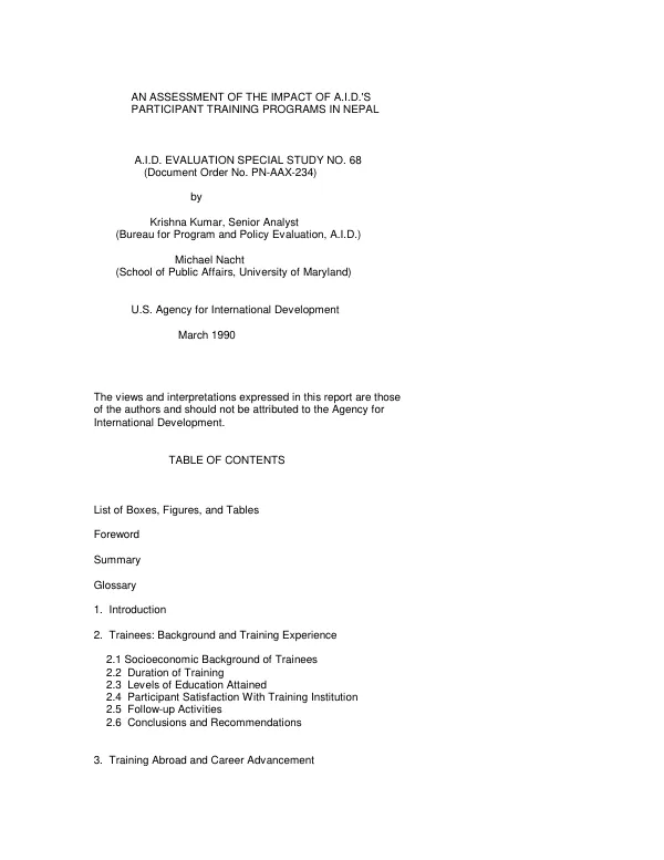 Assessment of the impact of A.I.D.'s participant training programs in Nepal