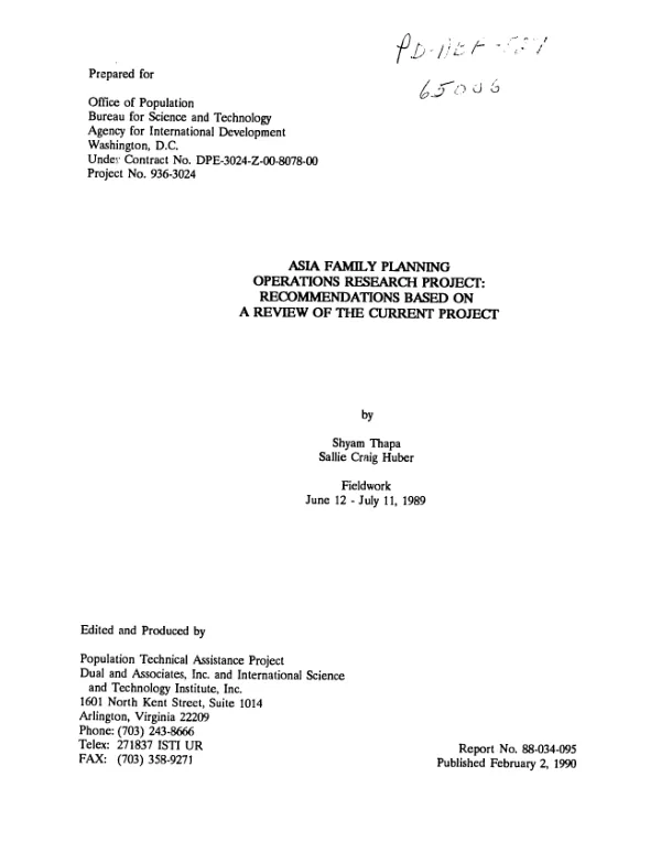 Asia family planning operations research project : recommendations based on a review of the current project