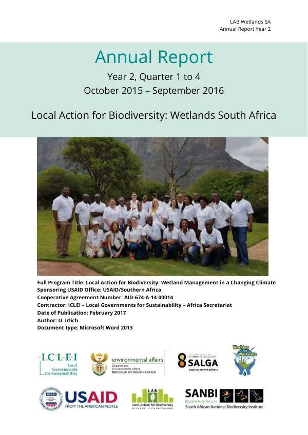 Local Action for Biodiversity: Wetlands South Africa Annual Report, October 2015 – September 2016
