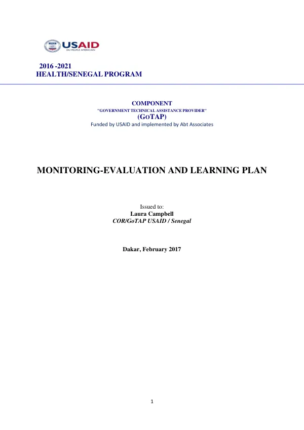 Senegal GoTAP: PLAN DE SUIVI-EVALUATION ET APPRENTISSAGE