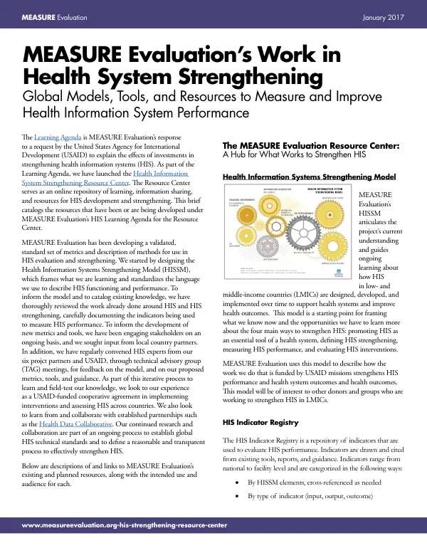MEASURE Evaluation’s Work in Health System Strengthening: Global Models, Tools, and Resources to Measure and Improve Health Information System Performance