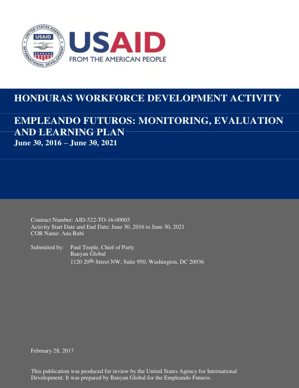 USAID/Honduras Empleando Futuros: Monitoring, Evaluation and Learning Plan