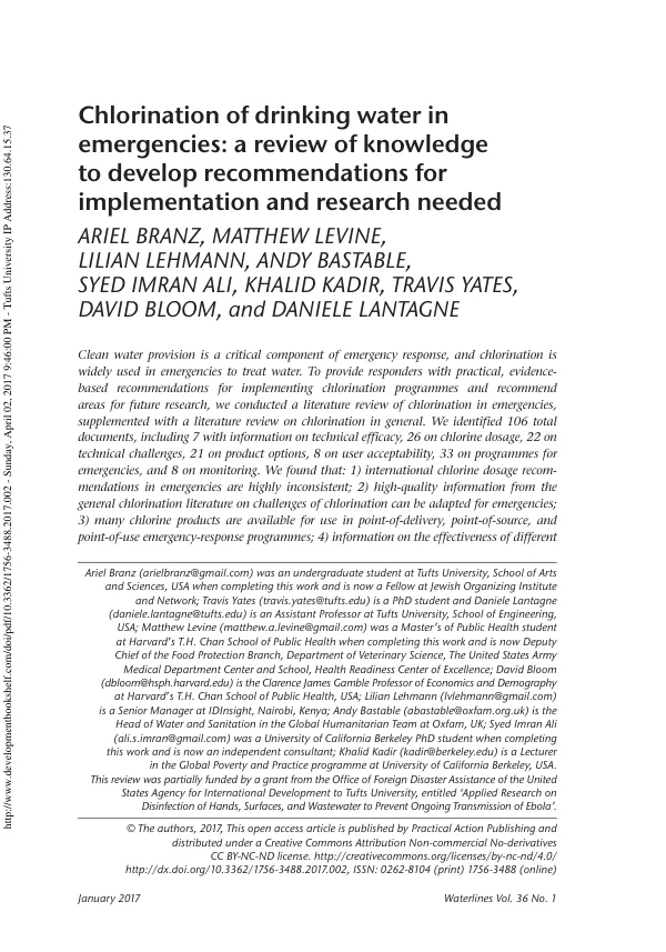 Chlorination of drinking water in emergencies: a review of knowledge to develop recommendations for implementation and research needed
