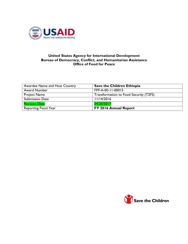 Save the Children Ethiopia T2FS DFAP FY16 Annual Results Report