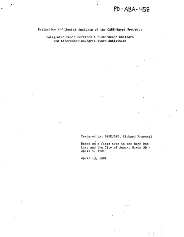 Evaluation and social analysis of the CARE - Egypt project : integrated basic services & fishermens' shelters and afforestation/agriculture activities