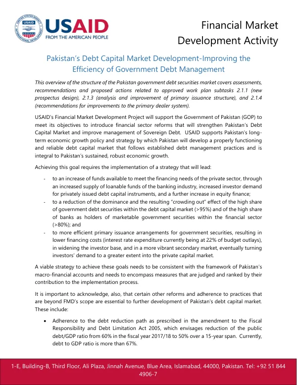 Pakistan’s debt capital market development : improving the efficiency of government debt management