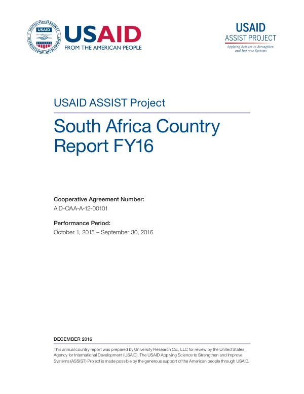 USAID ASSIST project : South Africa country report FY16, performance period : October 1, 2015 - September 30, 2016