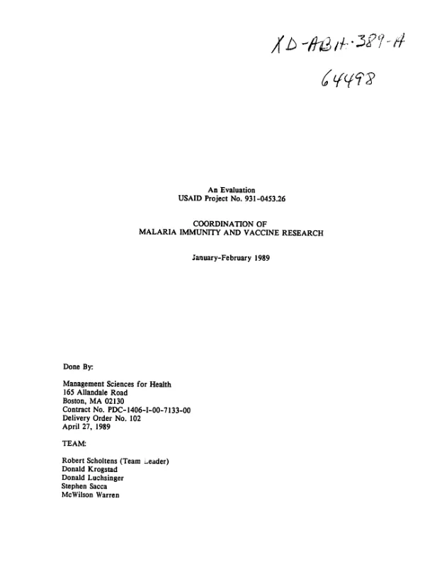 Evaluation, USAID project no. 931-0453.26 : coordination of malaria immunity and vaccine research