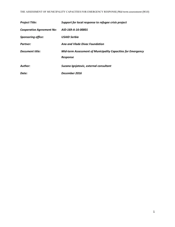 The assessment of municipality capacities for emergency response : mid-term assessment (M10)