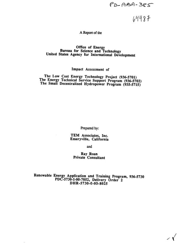 Impact assessment of the low cost energy technology project (9365701), the energy technical service support program (9365702), the small decentralized hydropower program (935-5715)