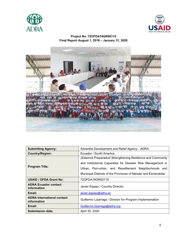 [ADRA Ecuador estamos preparados] : final report, August 1, 2018 - January 31, 2020
