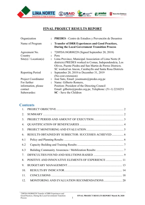 [Transfer of DRR experiences and good practices, during the local government transition process] : final project results report