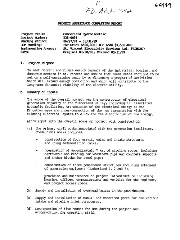 Project assistance completion report : Cumberland hydroelectric