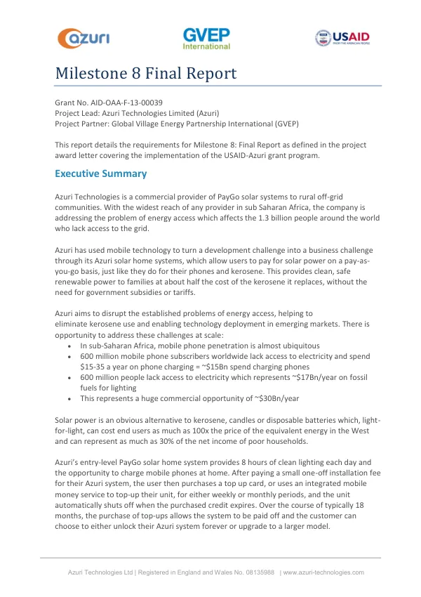 USAID-Azuri Tehcnologies-GVEP Milestone 8 Final Report