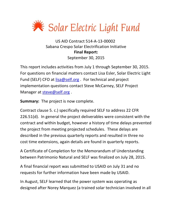 US AID contract 514-A-13-00002 Sabana Crespo solar electrification initiative : final report