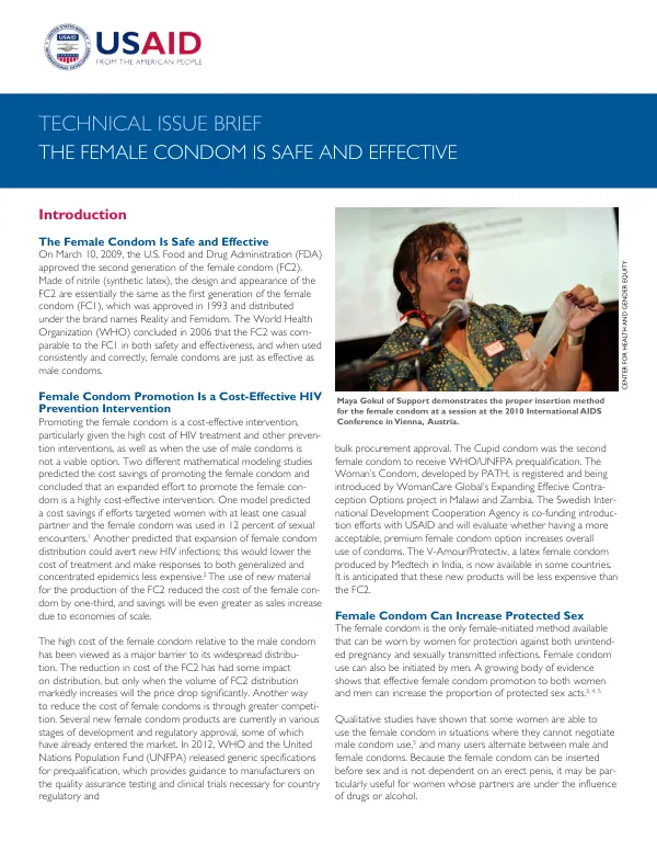 Technical issue brief : the female condom is safe and effective