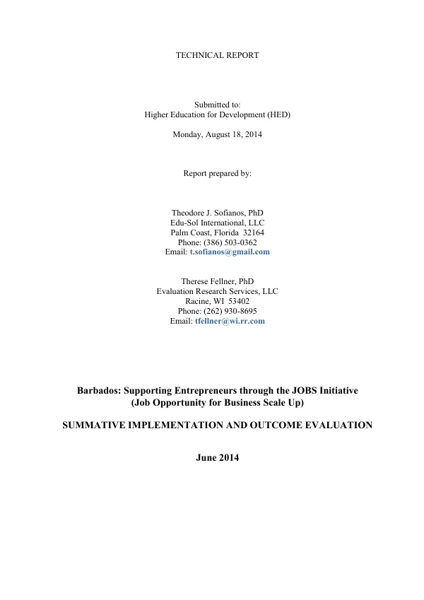 Barbados : supporting entrepreneurs through the JOBS initiative (job opportunity for business scale up) : summative implementation and outcome evaluation