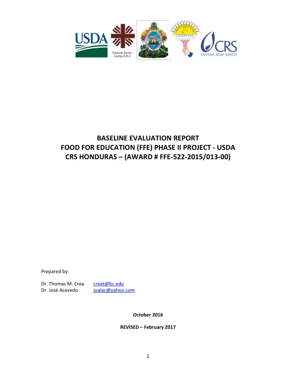 [USDA FY 2015 McGovern Dole] Baseline evaluation report : food for education (FFE) phase II project - USDA CRS Honduras