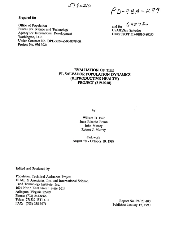 Evaluation of the El Salvador population dynamics (reproductive health) project (519-0210)