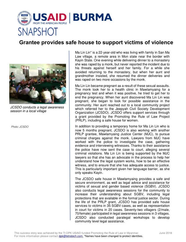 Snapshot : grantee provides safe house to support victims of violence