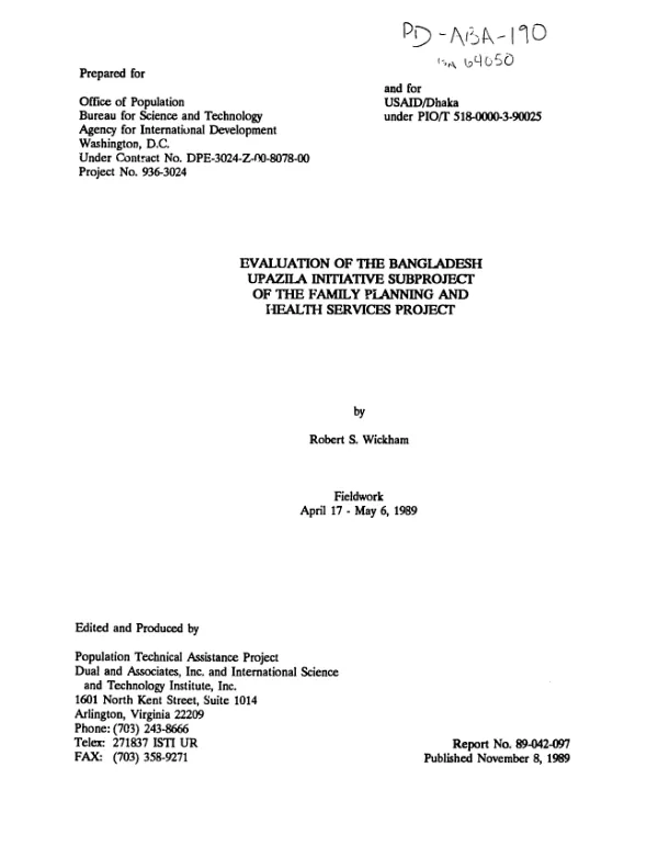 Evaluation of the Bangladesh upazila initiative subproject of the family planning and health services project