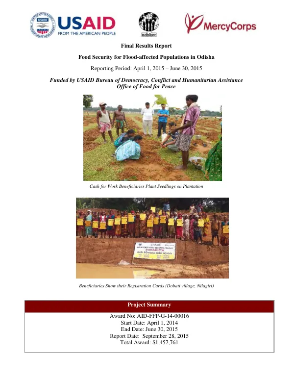 Final results report : food security for flood-affected populations in Odisha : reporting period April 1, 2015-June 30, 2015