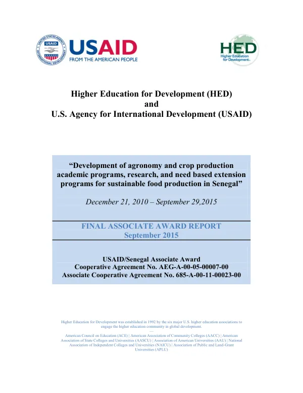 Development of agronomy and crop production academic programs, research, and need based extension programs for sustainable food production in Senegal : December 21, 2010-September 29, 2015 : final associate award report September 2015