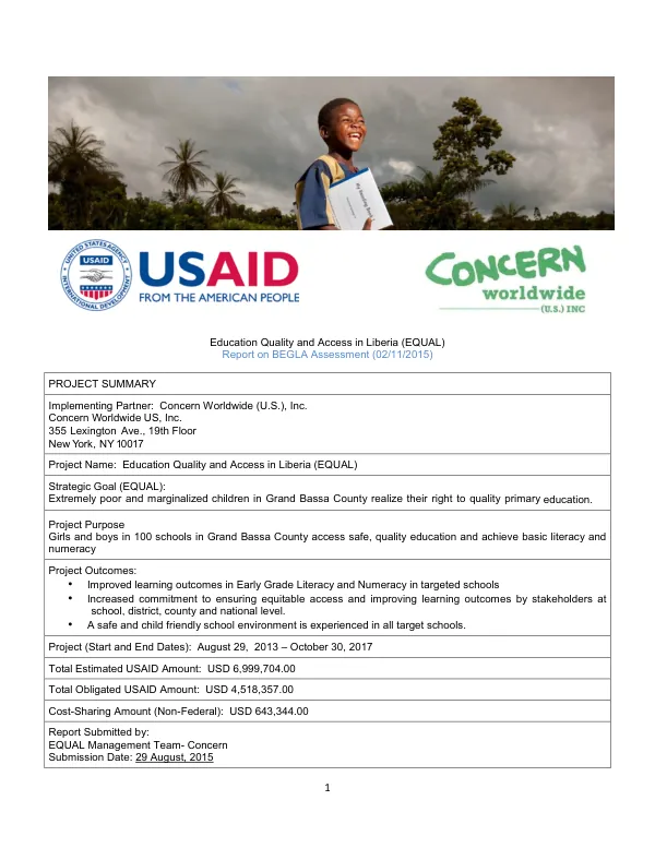 Education quality and access in Liberia (EQUAL) : report on BEGLA assessment (02/11/2015)