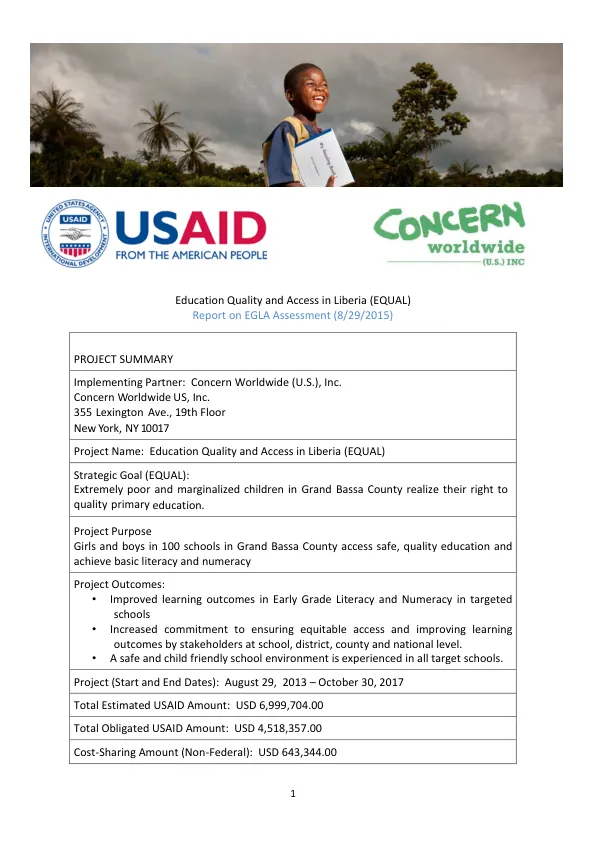 Education quality and access in Liberia (EQUAL) : report on EGLA assessment (8/29/2015)