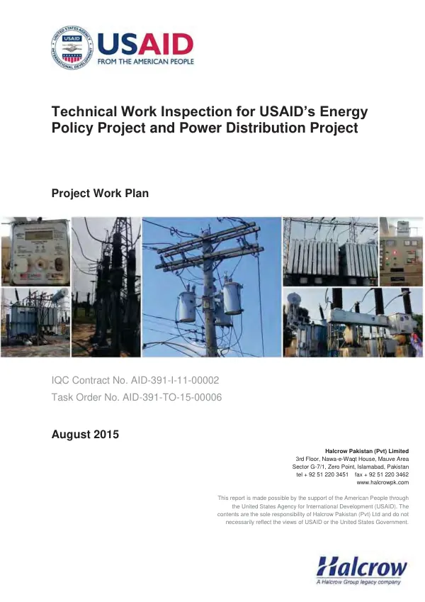 Technical work inspection for USAID"s energy policy project and power distribution project : project work plan : IQC contract no. AID-391-I-11-00002, task order no. AID-391-TO-15-00006