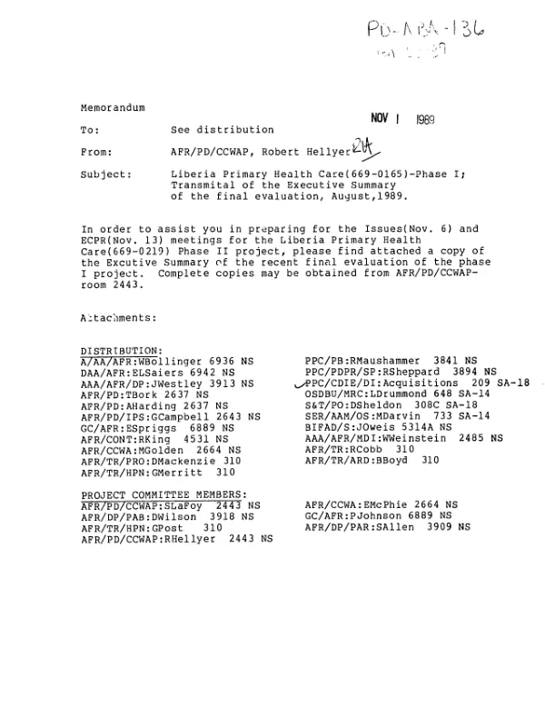 Executive summary of final evaluation, August, 1989 -- Liberia primary health care project, phase I