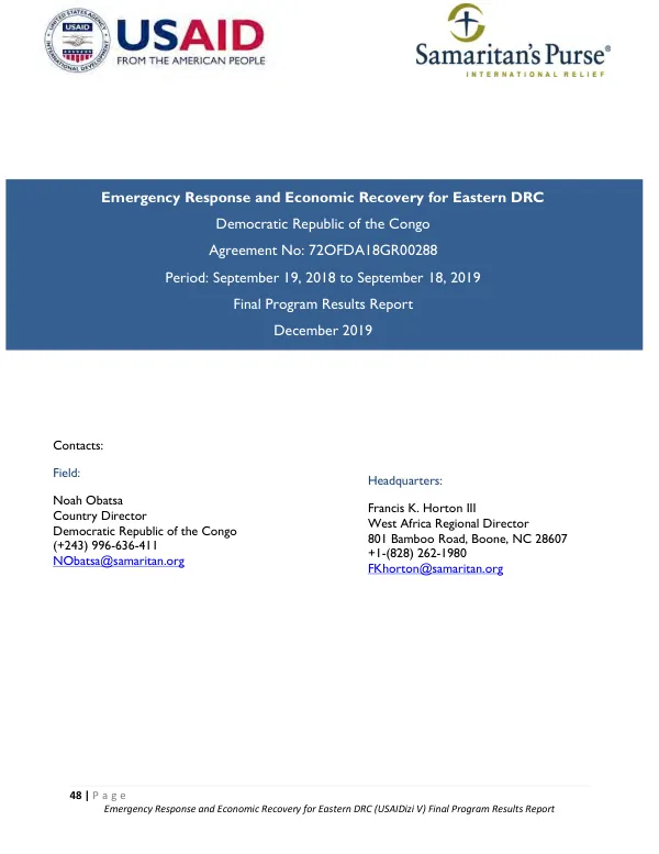 Emergency response and economic recovery for Eastern DRC, period: September 19, 2018 to September 18, 2019 : final program results report