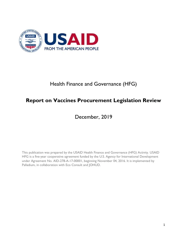 Health finance and governance (HFG) : report on vaccines procurement legislation review