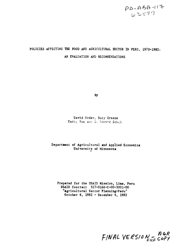 Policies affecting the food and agricultural sector in Peru, 1970-1982 : an evaluation and recommendations