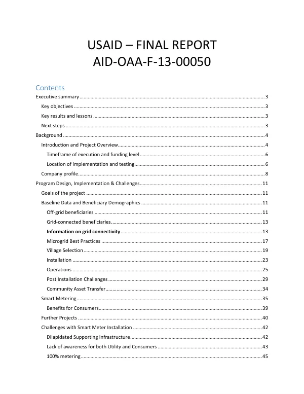 [Electrifying India intelligently : bringing smart grids to rural India] : USAID - final report, AID-OAA-F-13-00050